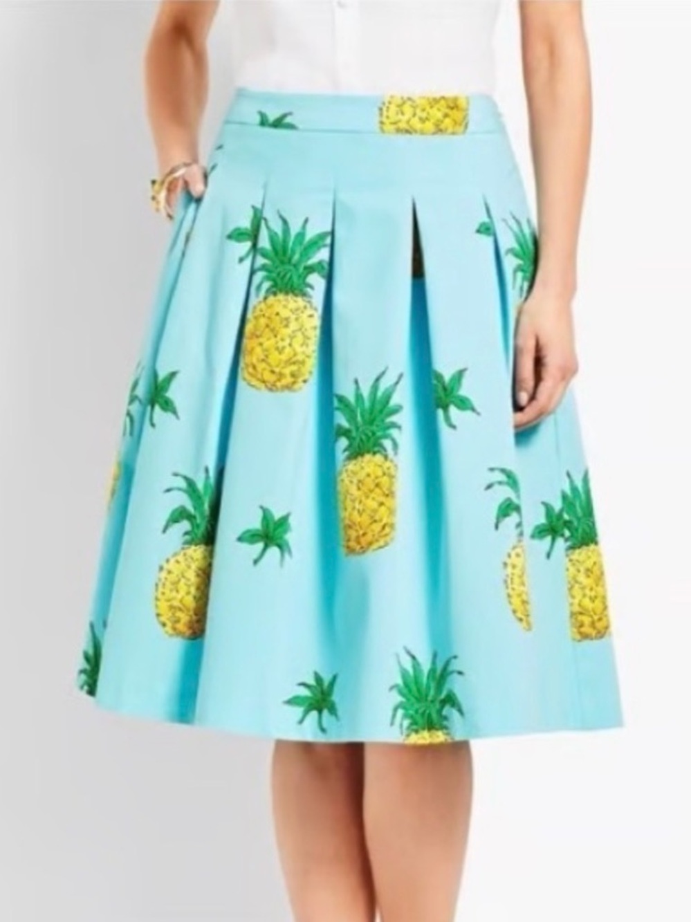 Talbots RSVP Pineapple Skirt Sz 4 Pleat A Line Skirt Blue Yellow Tropical Twill